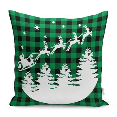 Yeşil Ekose Motifli Noel Baba ve Geyikleri Modern Yastık Kırlent Kılıfı