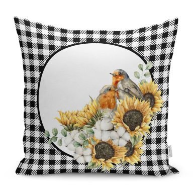 Siyah Beyaz Ekose Ayçiçeği Özel Tasarımlı Modern Yastık Kırlent Kılıfı