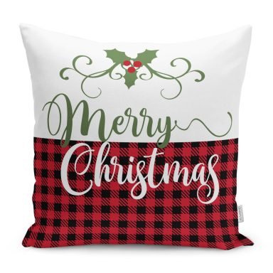 Mery Christmas Temalı Ekose Tasarımlı Modern Yastık Kırlent Kılıfı