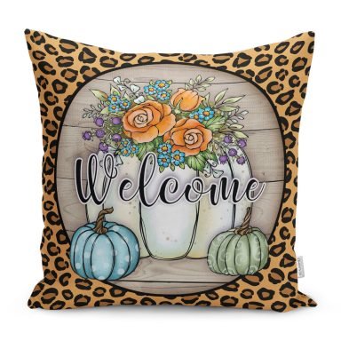 Leopar Tasarımlı Kabak Temalı Welcome Dekoratif Yastık Kırlent Kılıfı