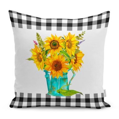 Ayçiçekleri Ekose Tasarımlı Dijital Baskılı Modern Yastık Kırlent Kılıfı