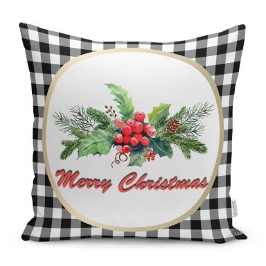Mery Christmas Ekose Temalı Dijital Baskılı Modern Yastık Kırlent Kılıfı