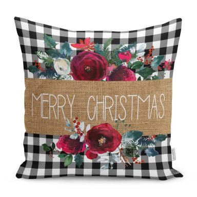 Mery Christmas Temalı Siyah Beyaz Ekose Gül Detaylı Modern Yastık Kırlent Kılıfı