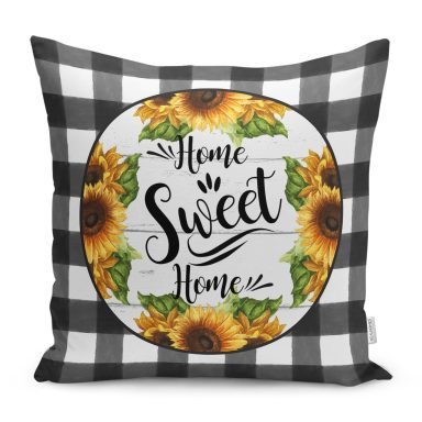 Siyah Beyaz Ekose Home Sweet Home Temalı Modern Yastık Kırlent Kılıfı