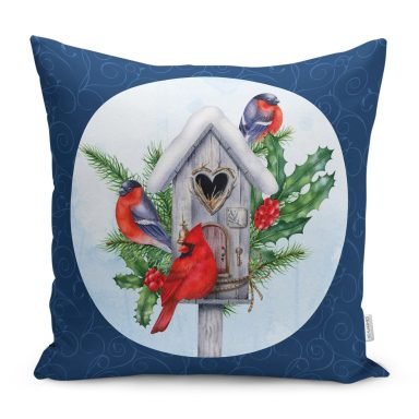 Yılbaşı Temalı Kuş Tasarımlı Dijital Baskılı Modern Yastık Kırlent Kılıfı