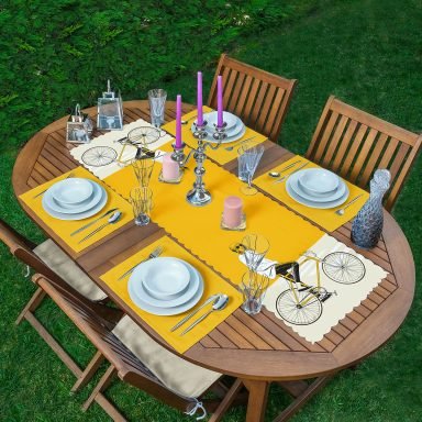 Sarı Krem Zemin Bisikletli Adam Motifli 1 Adet Runner & 4 Adet Yeşil Renkli Amerikan Servis