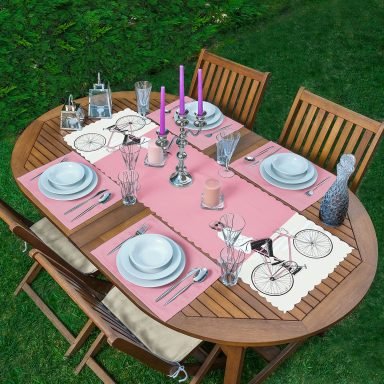 Pembe Krem Zemin Bisikletli Adam Motifli 1 Adet Runner & 4 Adet Yeşil Renkli Amerikan Servis