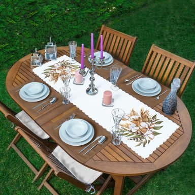 Sonbahar Temalı Kurumuş Yaprak Tasarımlı Modern 1 Adet Runner & 4 Adet Yeşil Renkli Amerikan Servis