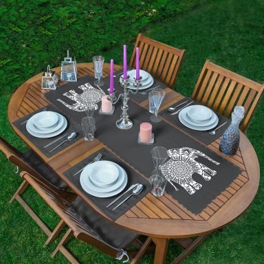 Koyu Füme Zemin Etnik Fil Motifli Dekoratif 1 Adet Runner & 4 Adet Yeşil Renkli Amerikan Servis