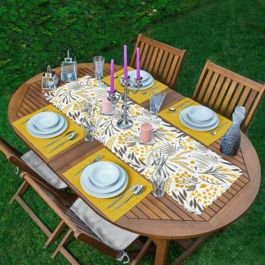 Sarı Detaylı Çiçek Temalı Dijital Baskılı Modern 1 Adet Runner & 4 Adet Yeşil Renkli Amerikan Servis