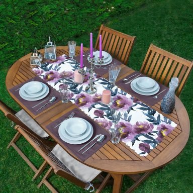 Mor Suluboya Motifli Gül Tasarımlı Modern 1 Adet Runner & 4 Adet Yeşil Renkli Amerikan Servis