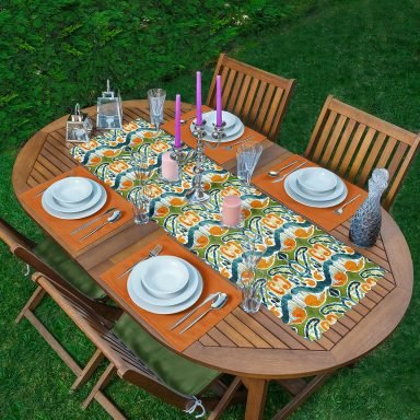 Yeşil Damask Tasarımlı Dijital Baskılı Dekoratif 1 Adet Runner & 4 Adet Yeşil Renkli Amerikan Servis