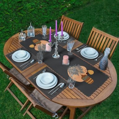 Koyu Gri Zeminli Vazo Temalı Dekoratif 1 Adet Runner & 4 Adet Yeşil Renkli Amerikan Servis