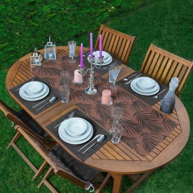 Kahve Zemin Siyah Tüy Tasarımlı 1 Adet Runner & 4 Adet Yeşil Renkli Amerikan Servis