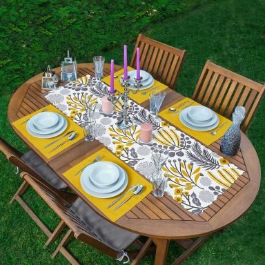 Sanatsal Tropik Yaprak Motifli Dekoratif 1 Adet Runner & 4 Adet Yeşil Renkli Amerikan Servis