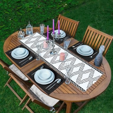 Siyah Beyaz İskandinav Motifli Dijital Baskılı 1 Adet Runner & 4 Adet Yeşil Renkli Amerikan Servis