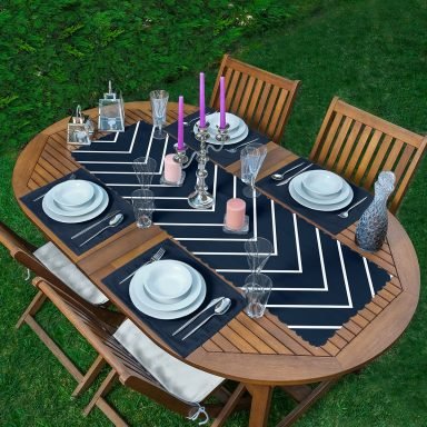 Lacivert Beyaz Çizgili Tasarım Dekoratif 1 Adet Runner & 4 Adet Yeşil Renkli Amerikan Servis