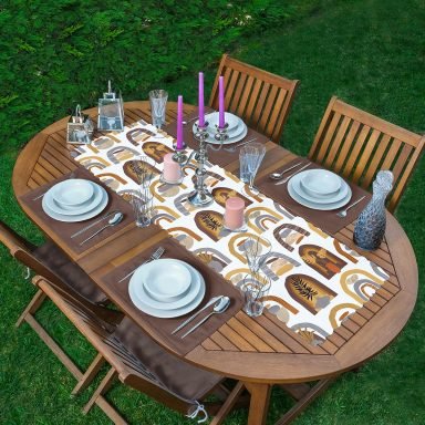 Etnik Soyut Tasarımlı Dijital Baskılı 1 Adet Runner & 4 Adet Yeşil Renkli Amerikan Servis