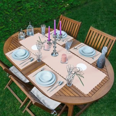 Pembe Zemin Oneline Gül Çizimli Modern 1 Adet Runner & 4 Adet Yeşil Renkli Amerikan Servis