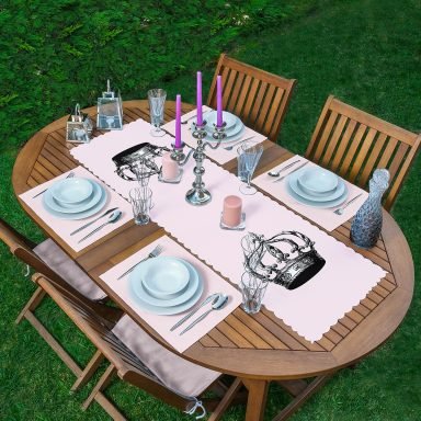 Pembe Zemin Siyah Beyaz Taç Tasarımlı 1 Adet Runner & 4 Adet Yeşil Renkli Amerikan Servis