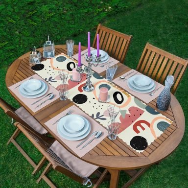 Onedraw Soyut Çizimli Dijital Baskılı 1 Adet Runner & 4 Adet Yeşil Renkli Amerikan Servis