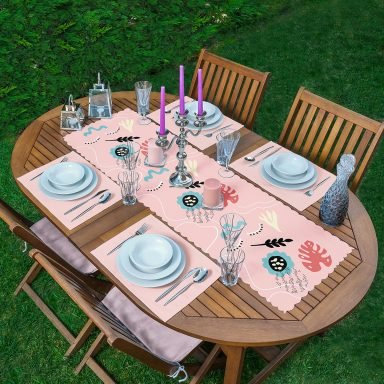 Pembe Zemin Onedraw Temalı Dekoratif 1 Adet Runner & 4 Adet Yeşil Renkli Amerikan Servis