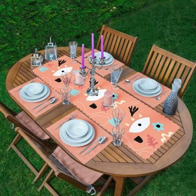 Turuncu Zemin Onedraw Motifli 1 Adet Runner & 4 Adet Yeşil Renkli Amerikan Servis