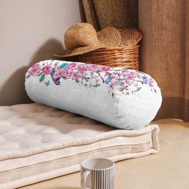 Sarmaşık Gül Desenli Kuş Motifli Dijital Baskılı İç Dolgulu - Fermuarlı Süet Silindir Yuvarlak Yastık Kırlent