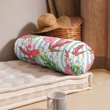 Flamingo Motifli Şerit Desenli Dekoratif İç Dolgulu Fermuarlı Çok Amaçlı Silindir Yastık Kırlent