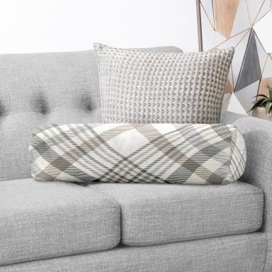 Realhomes Gri Krem Ekose Desenli Dijital Baskılı Modern İç Dolgulu - Fermuarlı Süet Berjer Silindir Yastık Kırlent