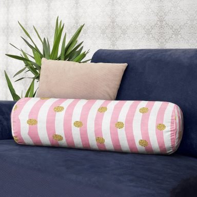 Pembe Çizgili Altın Puanlı Özel Tasarımlı İç Dolgulu - Fermuarlı Süet Silindir Rulo Yastık Kırlent