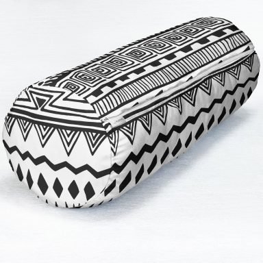 Siyah Beyaz Dekoratif African Motifli Modern İç Dolgulu - Fermuarlı Süet Berjer Silindir Yastık Kırlent