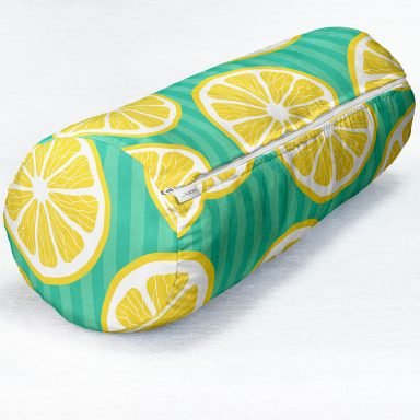 Yeşil Zeminde Limonlar Özel Tasarımlı Modern İç Dolgulu - Fermuarlı Süet Silindir Daire Yastık Kırlent