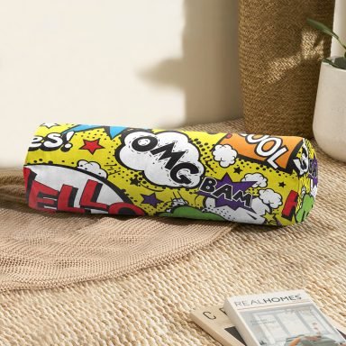 Sarı Zeminde Popart Özel Tasarımlı Dijital Baskılı Modern İç Dolgulu - Fermuarlı Süet Silindir Daire Yastık Kırlent