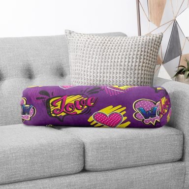 Realhomes Mor Zeminli Cool Pop Art Özel Tasarımlı Modern İç Dolgulu - Fermuarlı Süet Silindir Yuvarlak Yastık Kırlent