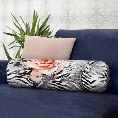 Zebra Desen Zeminde Çiçek Motifli Özel Tasarım Dijital Baskılı Modern İç Dolgulu Fermuarlı Çok Amaçlı Silindir Yastık Kırlent