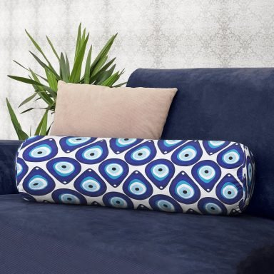 Nazar Boncuğu Motifli Dijital Baskılı Modern İç Dolgulu - Fermuarlı Süet Silindir Yuvarlak Yastık Kırlent