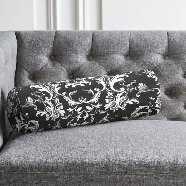 Siyah Zeminde Damask Özel Tasarım Dijital Baskılı Modern İç Dolgulu Süet Silindir Yastık Kırlent - Bel Yastığı