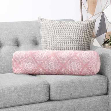 Pembe Damask Dijital Baskılı Dekoratif İç Dolgulu - Fermuarlı Süet Silindir Daire Yastık Kırlent