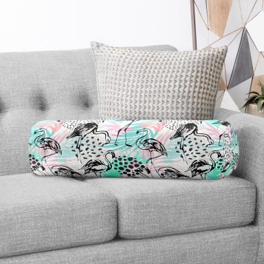 Renkli Yapraklar Üzerinde Flamingo Motifli Dekoratif İç Dolgulu - Fermuarlı Süet Silindir Yuvarlak Yastık Kırlent