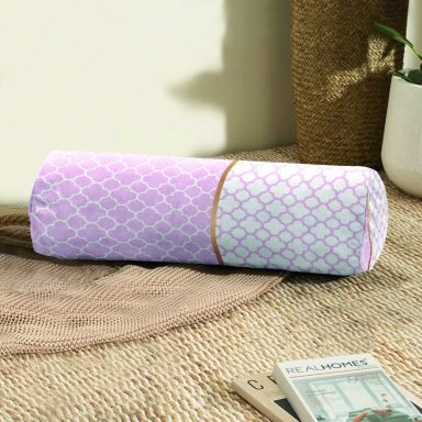 Pembe & Beyaz Ogea Desenli Dijital Baskılı Modern İç Dolgulu - Fermuarlı Süet Silindir Daire Yastık Kırlent
