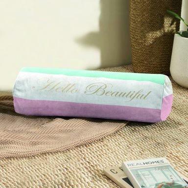Hello Beautiful Mavi & Pembe Dijital Baskılı Dekoratif İç Dolgulu - Fermuarlı Süet Berjer Silindir Yastık Kırlent