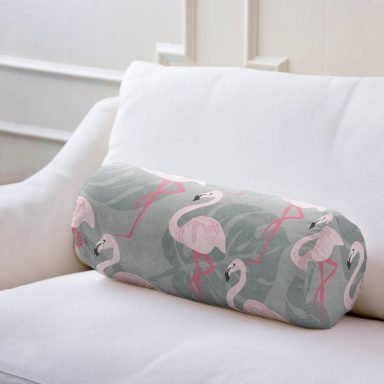 Flamingo Desenli Dijital Baskılı İç Dolgulu - Fermuarlı Süet Silindir Yuvarlak Yastık Kırlent
