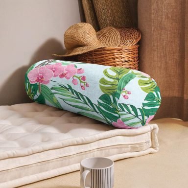 Renkli Tropik Yaprak Flamingo Motifli İç Dolgulu Fermuarlı Çok Amaçlı Silindir Yastık Kırlent