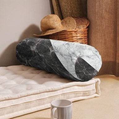 Siyah Gri Mermer Motifli Dijital Baskılı İç Dolgulu - Fermuarlı Süet Silindir Rulo Yastık Kırlent