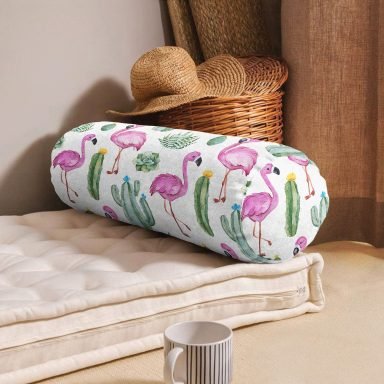 Tropik Kaktüs Flamingo Özel Tasarım Dijital Baskılı İç Dolgulu - Fermuarlı Süet Berjer Silindir Yastık Kırlent