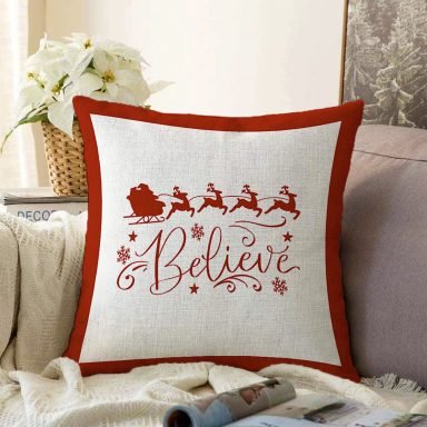 Believe Temalı Noel Baba ve Geyikleri Özel Tasarım Modern Raşel Yastık Kırlent Kılıfı