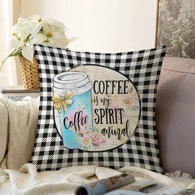 Siyah Beyaz Ekose Motifli Coffee Temalı Modern Raşel Yastık Kırlent Kılıfı
