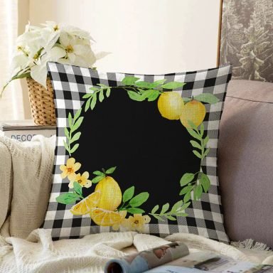 Siyah Beyaz Ekose Limon Motifli Modern Raşel Yastık Kırlent Kılıfı