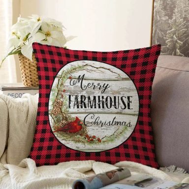 Kırmızı Ekose Motifli Mery Christmas Temalı Modern Raşel Yastık Kırlent Kılıfı